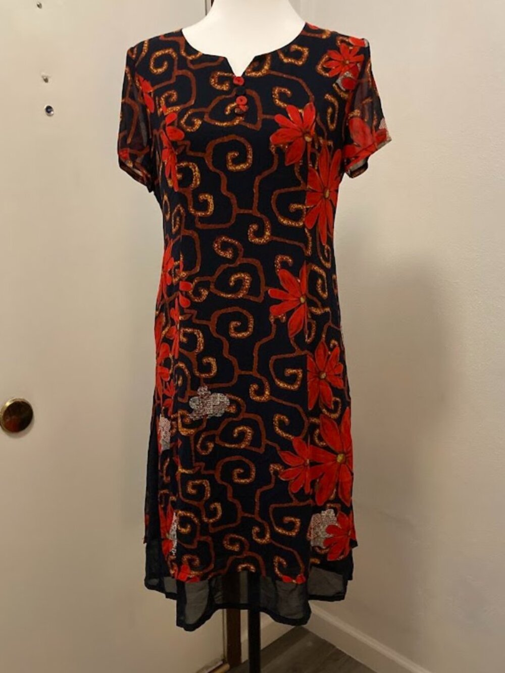 #54628 Dark blue short-sleeved straight-cut dress